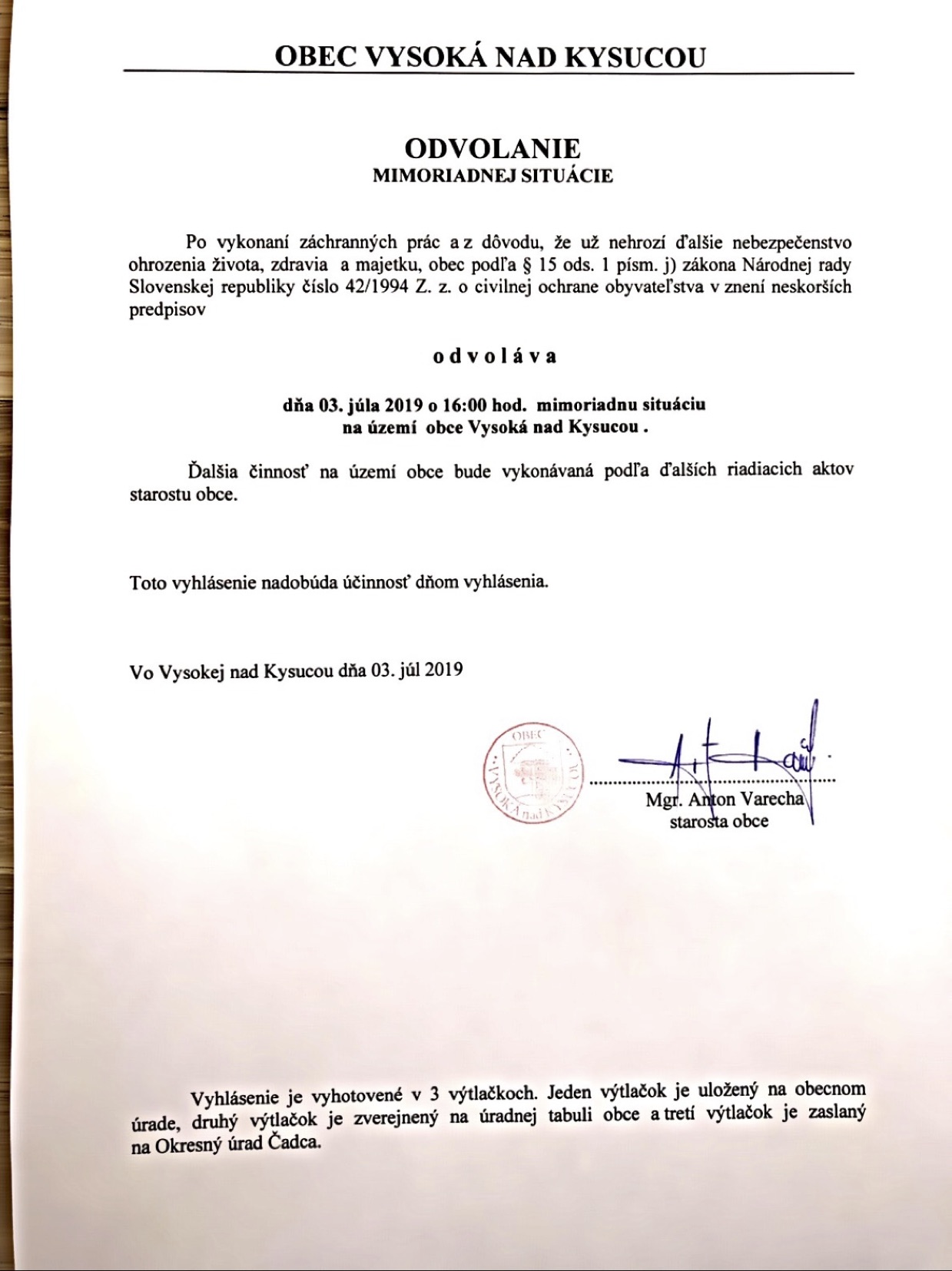 odvolanie mimoriadna situacia vietor jul2019